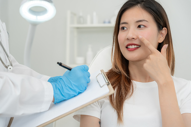 Cosmetic surgeon taking notes while discussing surgery with a patient