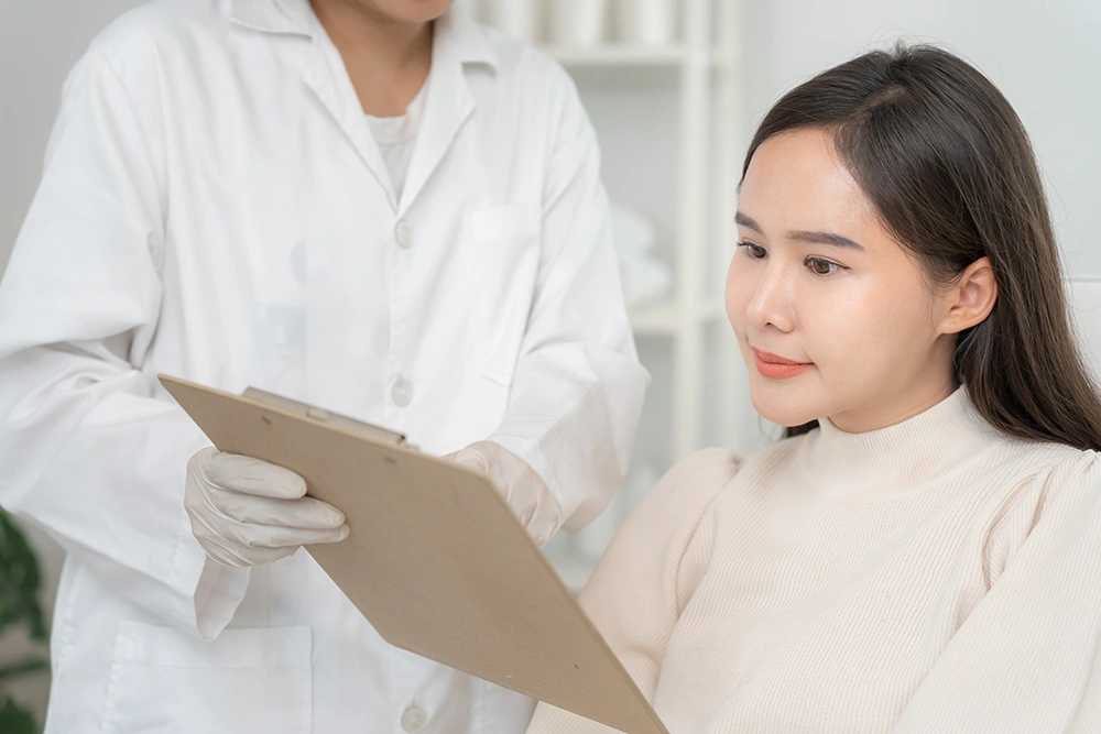 A woman consulting her cosmetic surgeon regarding post-procedure care