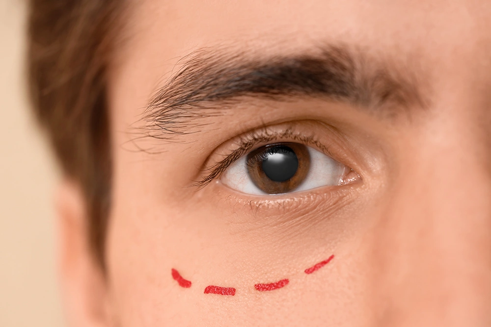 A close-up of a patient undergoing lower eyelid surgery planning